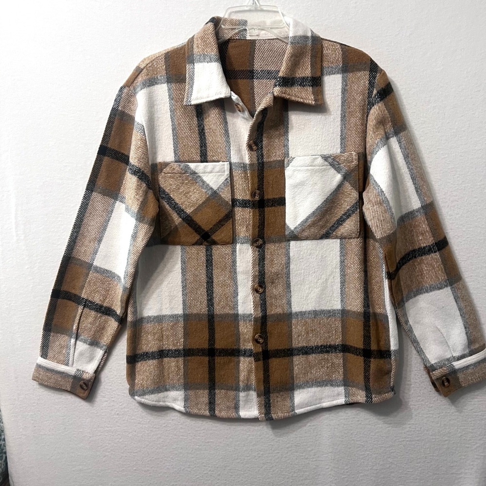 Women's Plaid Flannel Shirt Jacket Brown White Button Pockets Long Sleeve Size M